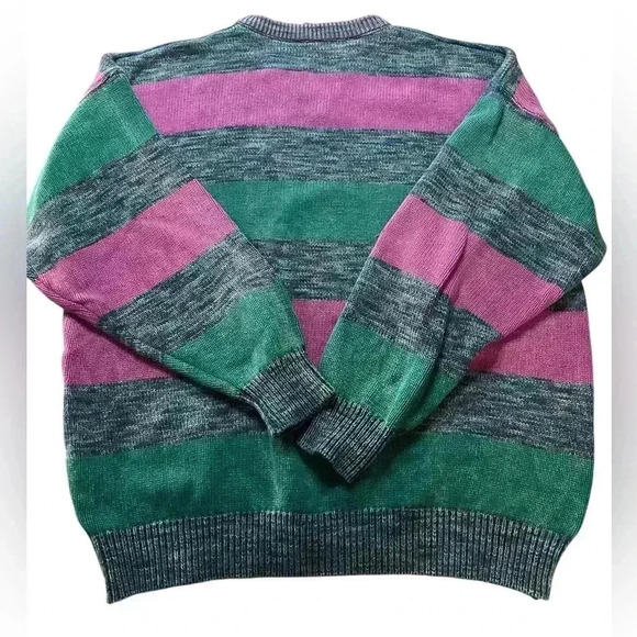 Vintage 80s Striped Colourblock Teal Pink Retro Pullover Crewneck Sweater Cotton - Picture 4 of 5